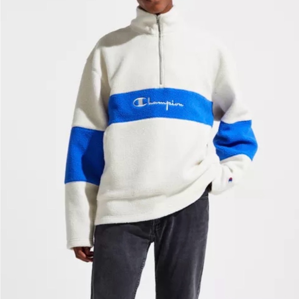 Champion Men's White Sherpa Quarter-Zip with Blue Chest & Sleeve Stripe